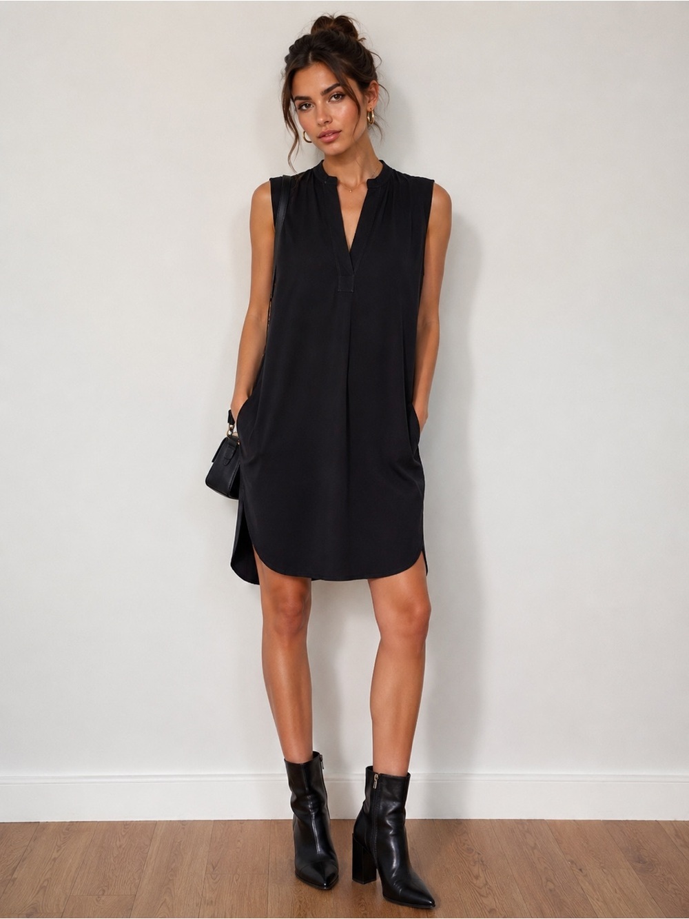 Helmut Lang black V-neck shift dress with pockets size medium
